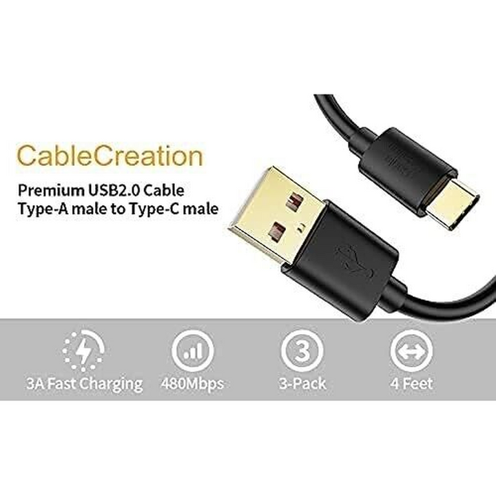 3 Black 1.2m USB to Type C Cables