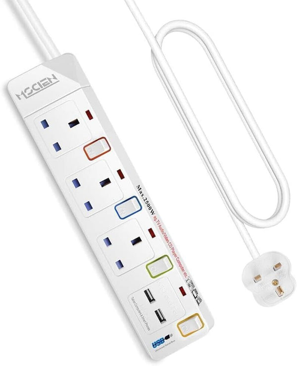 3M Surge Protected Extension Lead Switched Plug 3 Gang Way Mains & 2 USB Ports