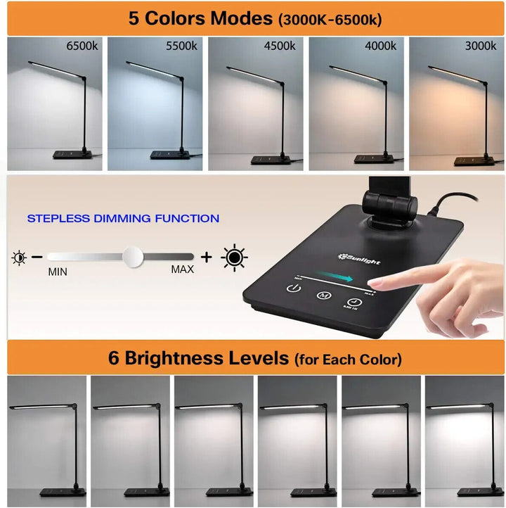 LED Desk Lamp with Wireless Charging for Phone UK Plug USB Swing Arm 5 Colour
