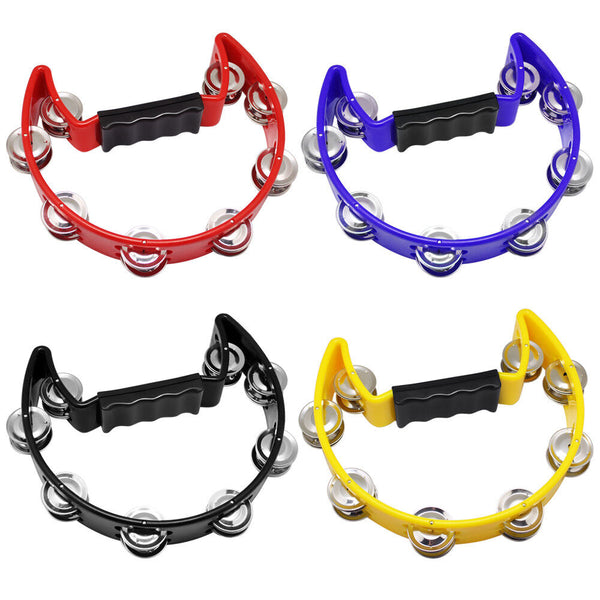 High Quality Single Half Moon Tambourine Instrument 32 Jingles Grip Handle Play