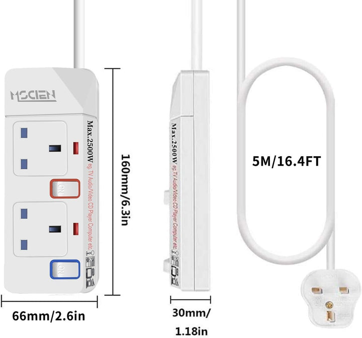 Mscien 5M Extension Lead With Switch Surge Protection Socket 2 Way Mains Power