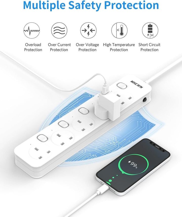 1M Surge Protected Extension Lead Switched Plug 5 Gang Way Mains Powered Cable
