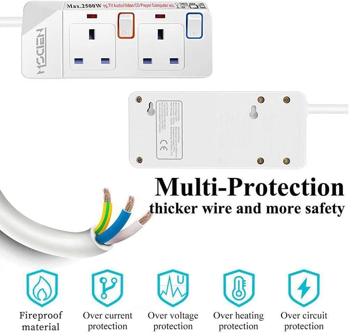 Mscien 5M Extension Lead With Switch Surge Protection Socket 2 Way Mains Power