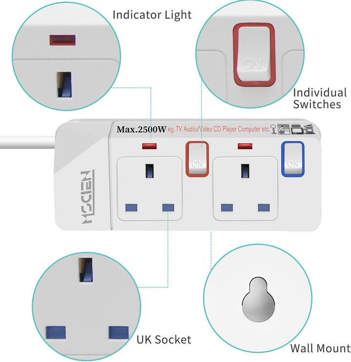 Mscien 5M Extension Lead With Switch Surge Protection Socket 2 Way Mains Power