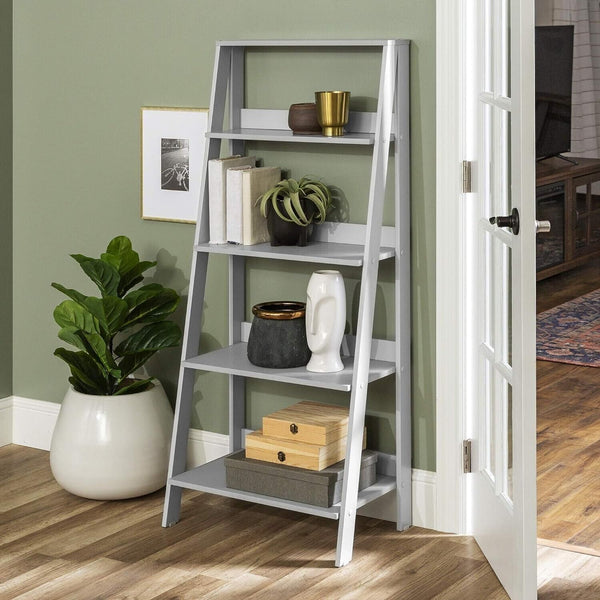 Ladder Bookshelf Grey Slim Tall 4 Tier Bookcase Large Storage Shelving Unit Wood