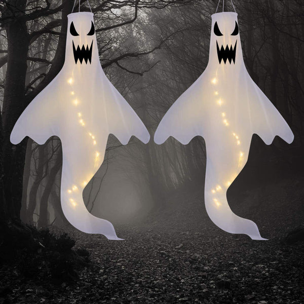 2 Pack Halloween Ghost LED Windsock Lantern Outdoor Hanging Decoration Outside
