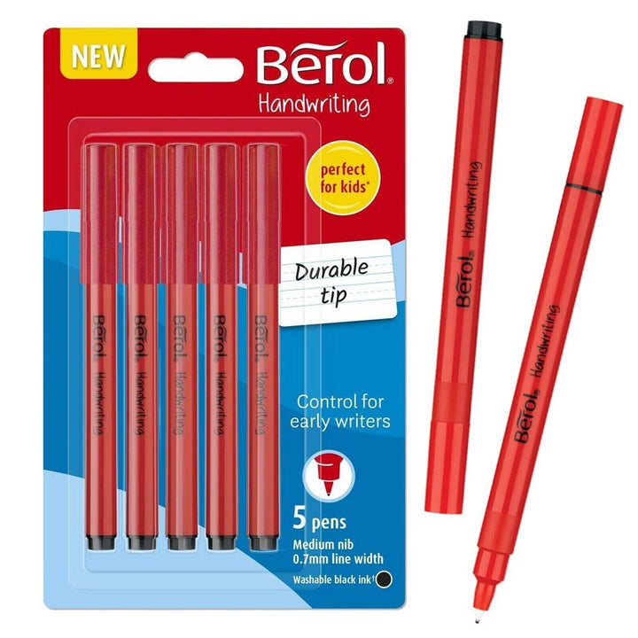 Berol Handwriting Pens Black x5 Pack Set School Writing Washable Ink Learning