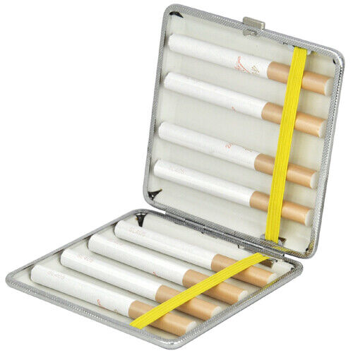 Compact Smokers Tin Black Chrome Faux Leather Cigarette Holder Box Case Pocket