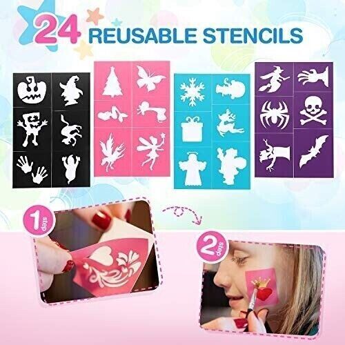 Face Painting Kit Stencils Brushes Sponges Set Palette Glitter Body Festival Kid