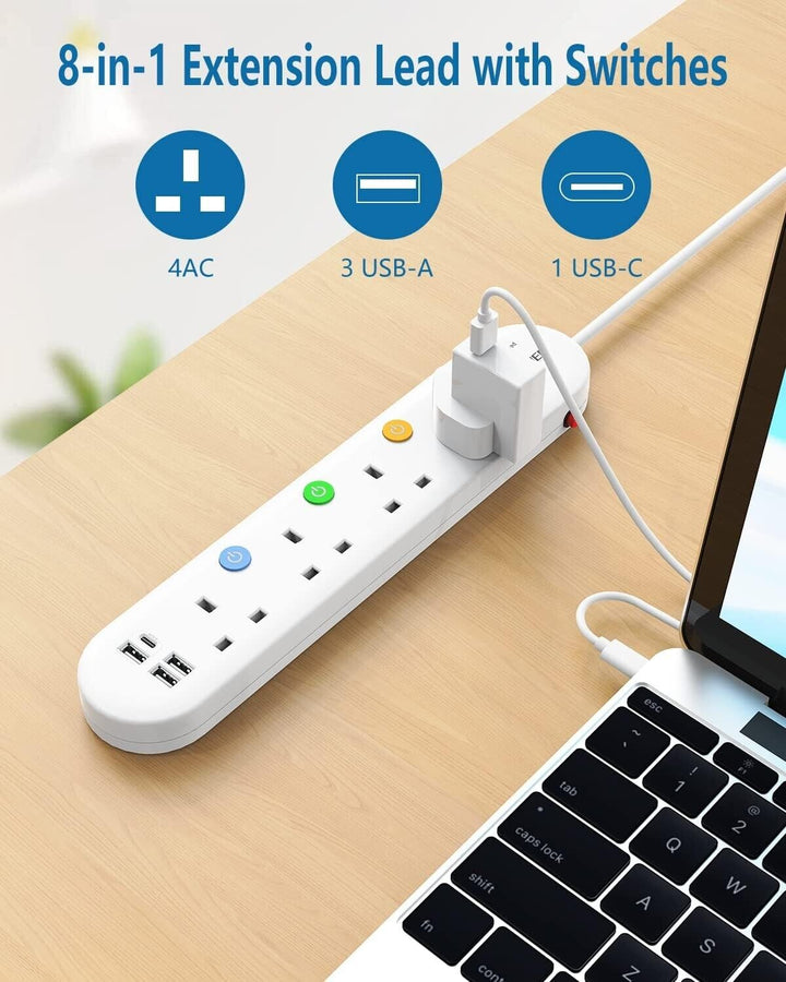 Surge Protected Extension Lead with USB Switched Plug 4 Gang Way 1.8M Type C