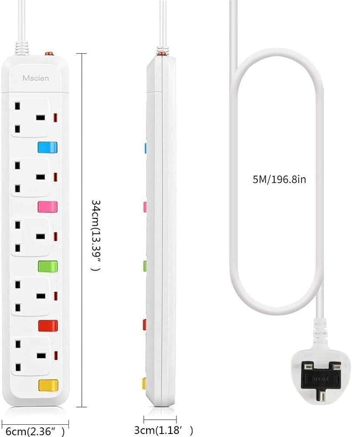 5M Surge Protected Extension Lead Switched Plug 5 Gang Way Mains Powered Cable