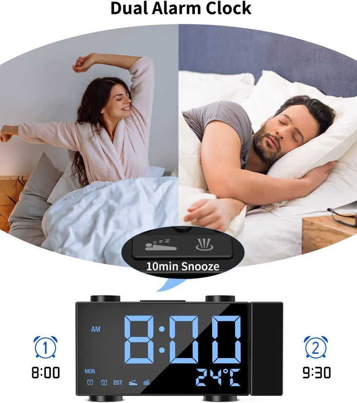 Digital Alarm Clock Projection FM Radio Electric USB Charging Large Display