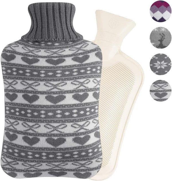 Hot Water Bottle 2 Litre with Knitted Cover Pouch Large Warm 2L Natural Rubber