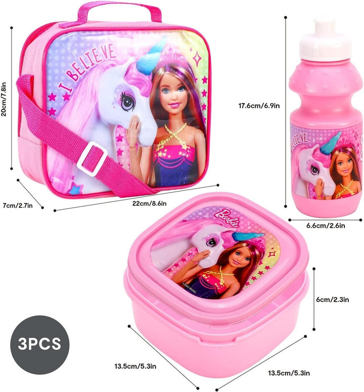 Girls Lunch Box and Bottle Set of 3 Kids Bag for School Plastic Barbie Toddler