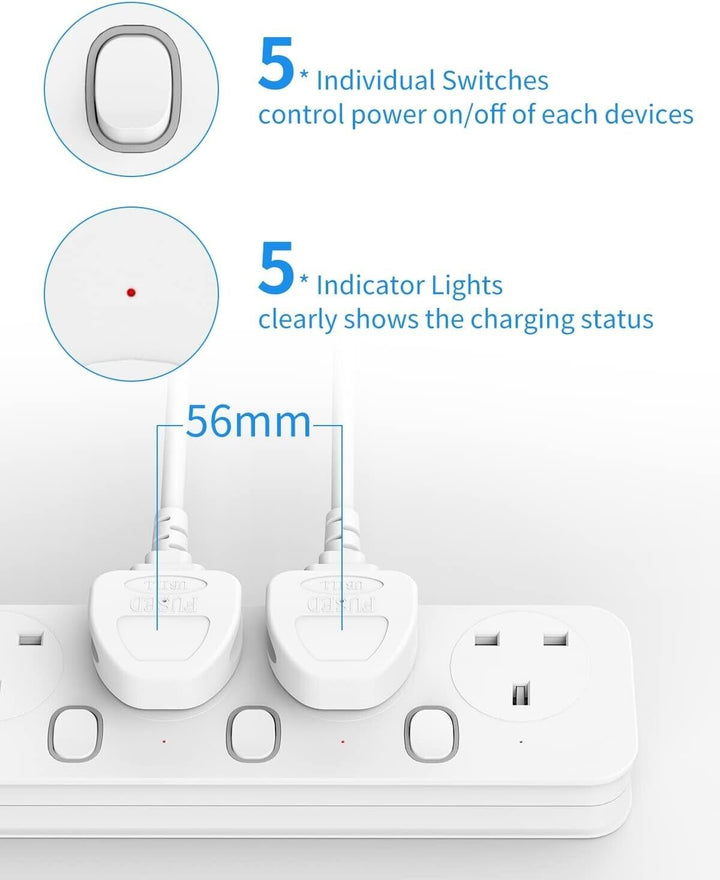 1M Surge Protected Extension Lead Switched Plug 5 Gang Way Mains Powered Cable