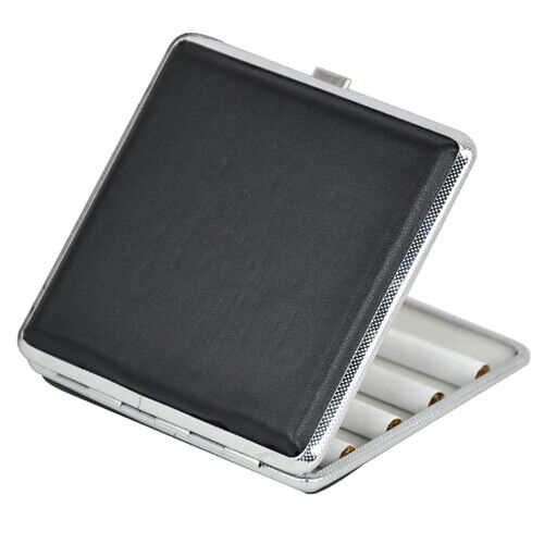 Compact Smokers Tin Black Chrome Faux Leather Cigarette Holder Box Case Pocket