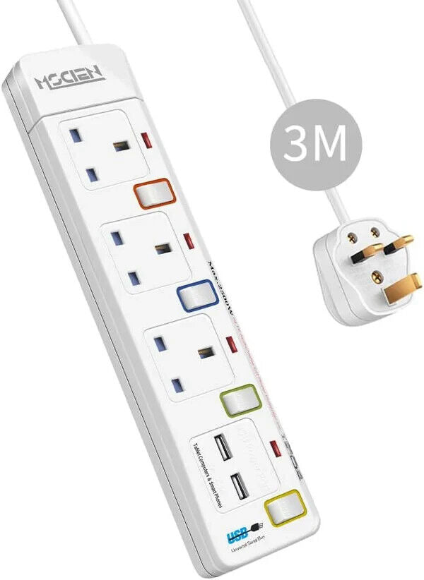 3M Surge Protected Extension Lead Switched Plug 3 Gang Way Mains & 2 USB Ports