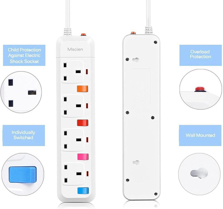 3M Surge Protected Extension Lead Switched Plug 4 Gang Way Mains Powered Cable