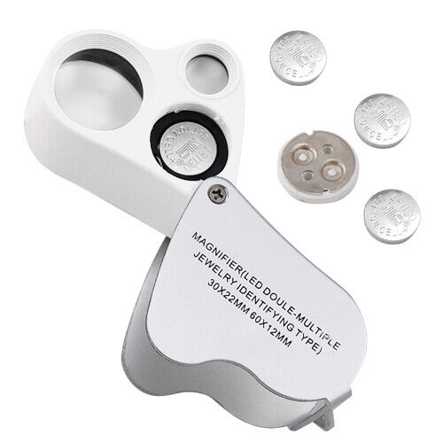Jewellers Lens Glass Loupe 30X & 60X Magnifier 2X LED Lights Hallmark Gold Watch