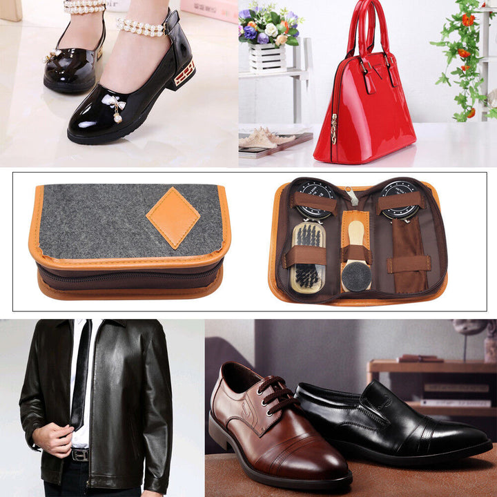 Black & Neutral Shoe Shine Polish Cleaning Brushes Set Kit in Travel Case 