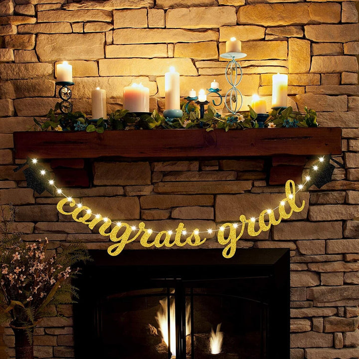 Congratulations Graduation Banner Decorations Bunting LED Lights Backdrop Party