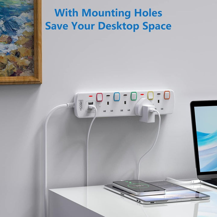 2M Surge Protected Extension Lead Switched Plug 4 Gang Way Mains & 2 USB Ports