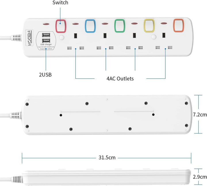 2M Surge Protected Extension Lead Switched Plug 4 Gang Way Mains & 2 USB Ports