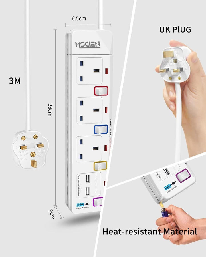 3M Surge Protected Extension Lead Switched Plug 3 Gang Way Mains & 2 USB Ports