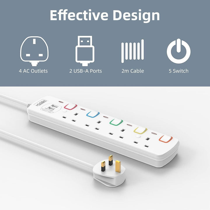 2M Surge Protected Extension Lead Switched Plug 4 Gang Way Mains & 2 USB Ports
