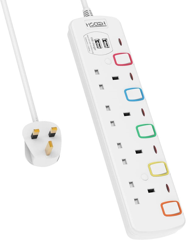 2M Surge Protected Extension Lead Switched Plug 4 Gang Way Mains & 2 USB Ports