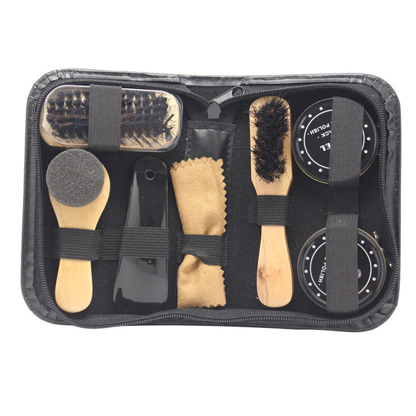 8 in 1 Black & Neutral Shoe Shine Polish Cleaning Brushes Set Kit in Travel Case