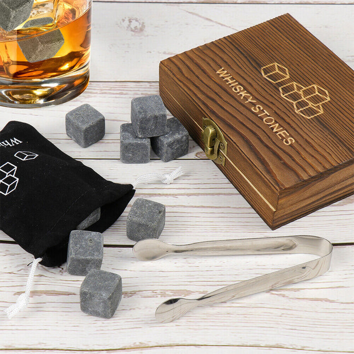 Whiskey Stones Gift Set 9 Piece Luxury Wooden Box Chilling Rocks Ice Cubes Serve