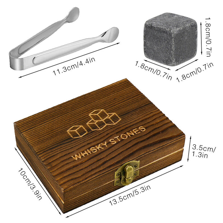 Whiskey Stones Gift Set 9 Piece Luxury Wooden Box Chilling Rocks Ice Cubes Serve