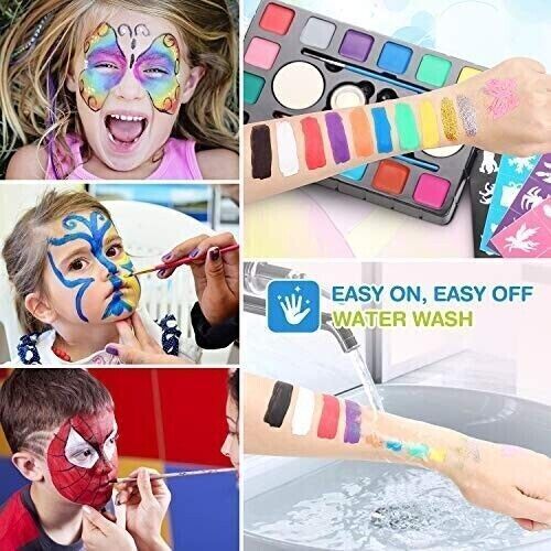 Face Painting Kit Stencils Brushes Sponges Set Palette Glitter Body Festival Kid