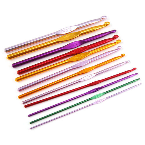 12 Multi Coloured Aluminium Crochet Needles Hooks 2mm-8mm Set Knitting Stitches