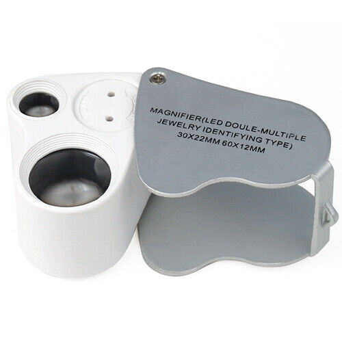 Jewellers Lens Glass Loupe 30X & 60X Magnifier 2X LED Lights Hallmark Gold Watch