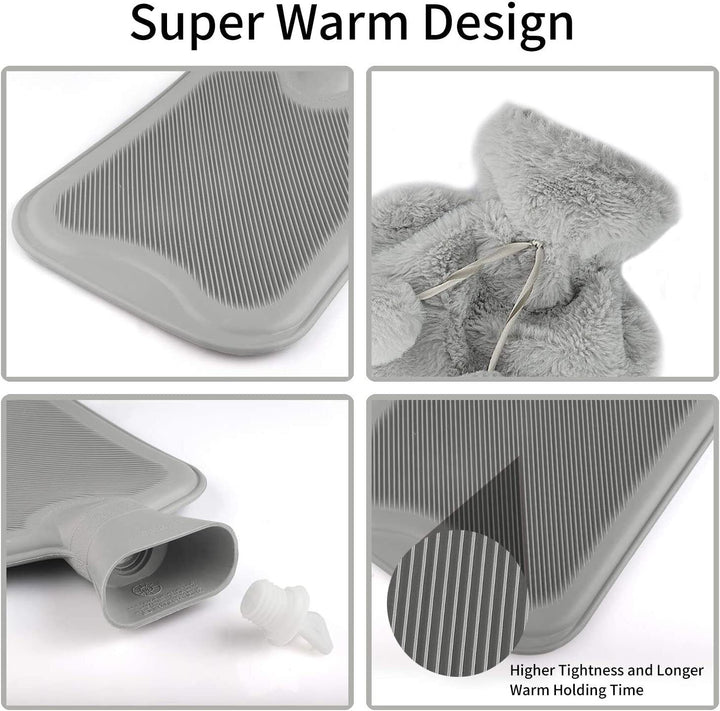 Hot Water Bottle 2 Litre with Fleece Cover Faux Fur Pouch Large Warm 2L Gift