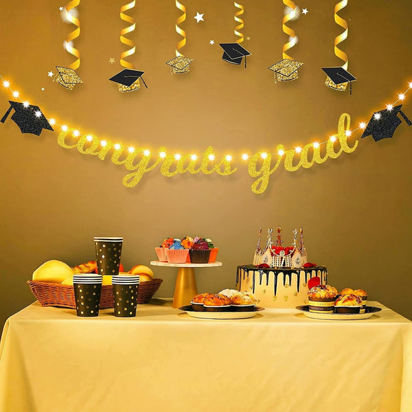 Congratulations Graduation Banner Decorations Bunting LED Lights Backdrop Party