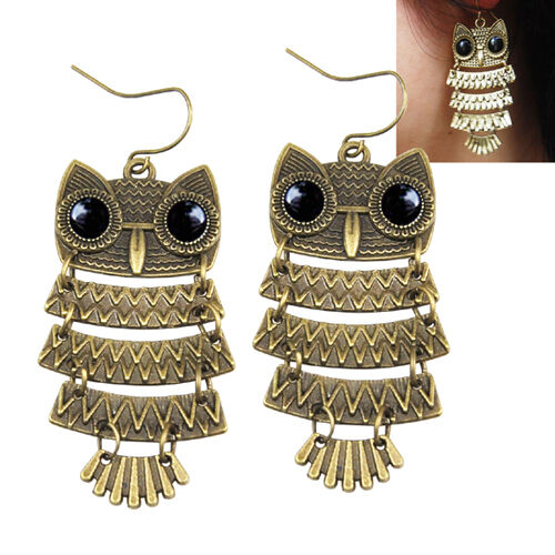 Vintage Retro Old Cute Owl Big Black Eyes Bronze Pendant Dangle Earring Fashion