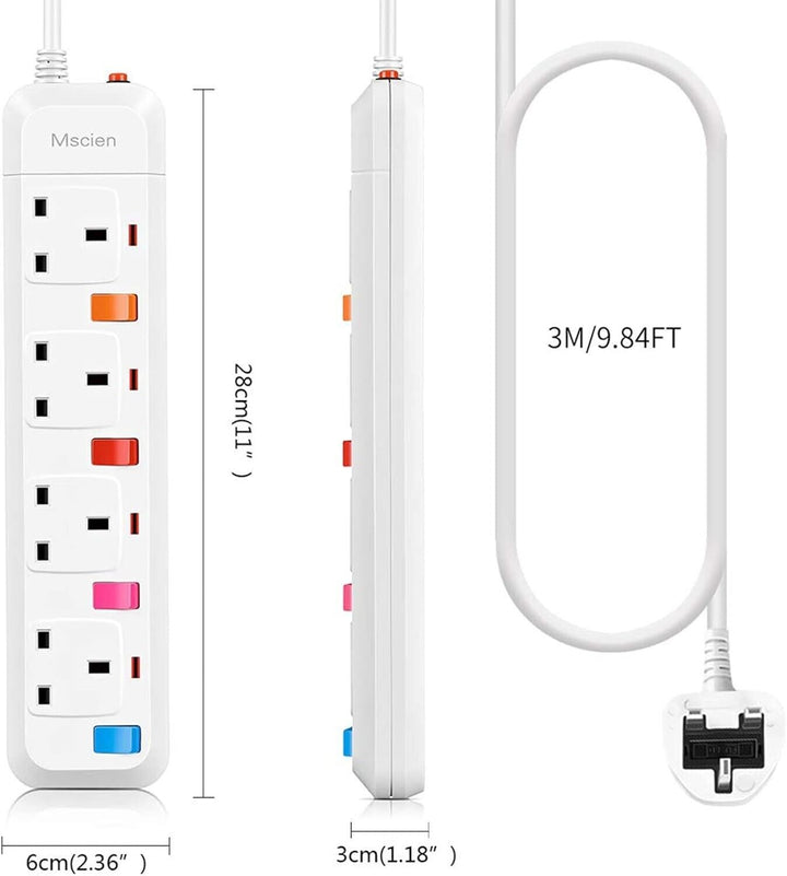 3M Surge Protected Extension Lead Switched Plug 4 Gang Way Mains Powered Cable