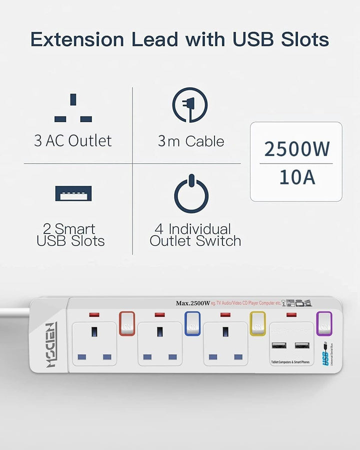 3M Surge Protected Extension Lead Switched Plug 3 Gang Way Mains & 2 USB Ports