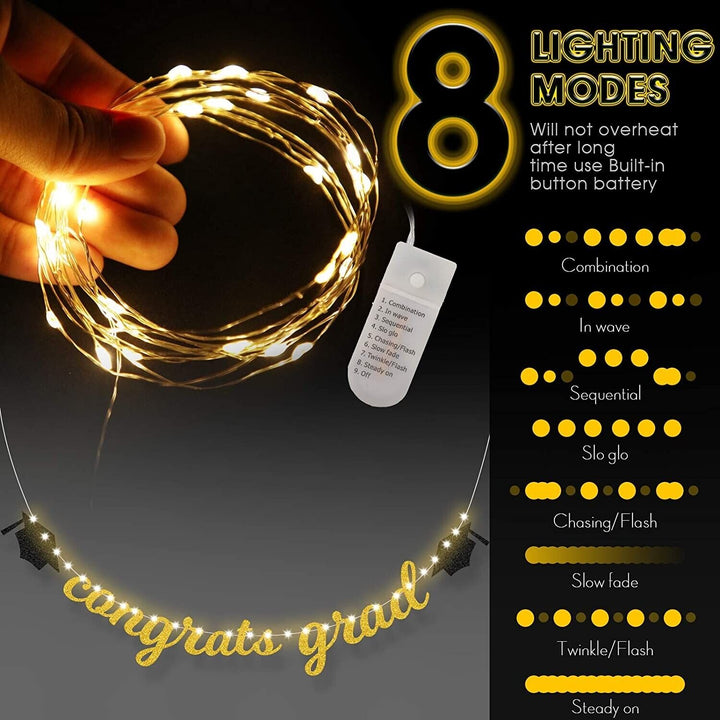 Congratulations Graduation Banner Decorations Bunting LED Lights Backdrop Party