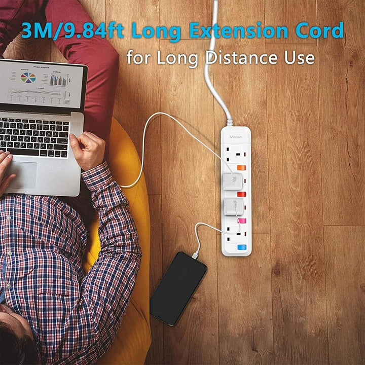 3M Surge Protected Extension Lead Switched Plug 4 Gang Way Mains Powered Cable