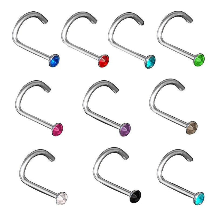 10 x Titanium Steel Nose Screw Stud Rings Rhinestone Crystal Gem Piercing Bars