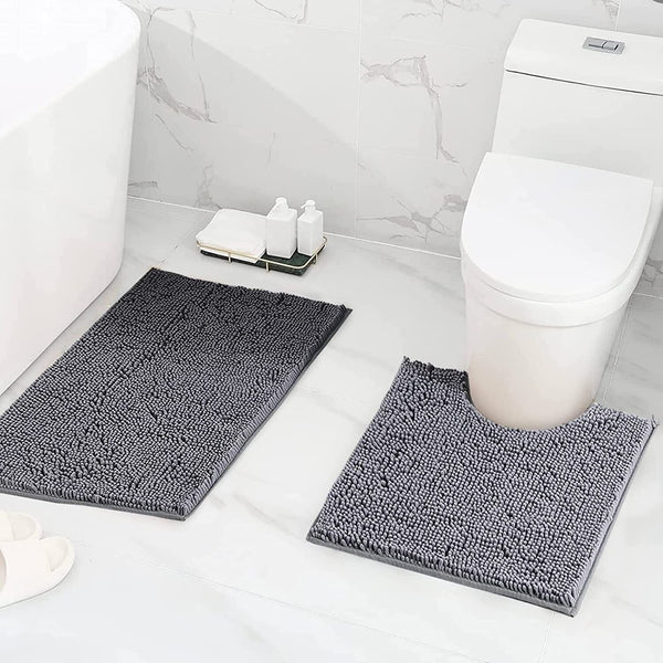 Bathroom Mat Set Non Slip 2 Piece Chenille Toilet Pedestal Rug Memory Loop