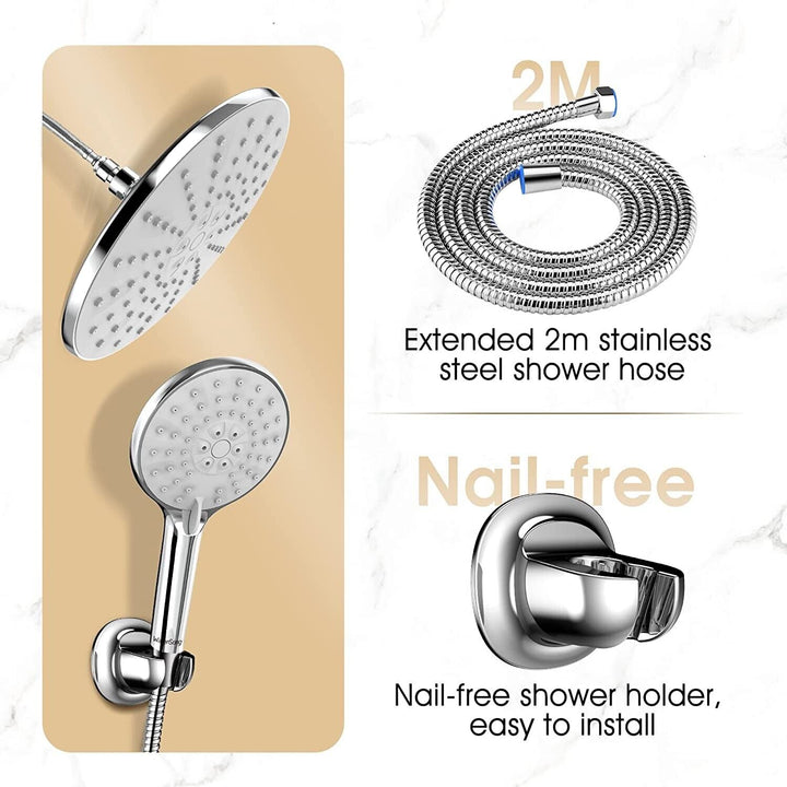 Shower Head and Hose Set Chrome Universal 10" Rainfall Holder Bracket G1/2 Kit