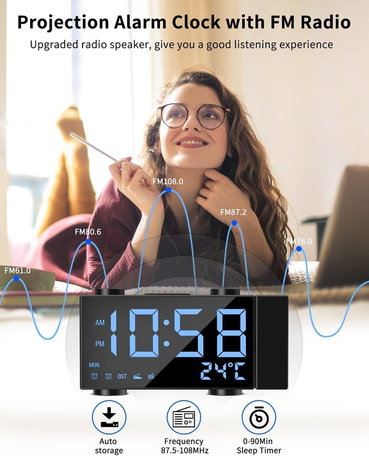 Digital Alarm Clock Projection FM Radio Electric USB Charging Large Display