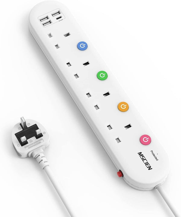 Surge Protected Extension Lead with USB Switched Plug 4 Gang Way 1.8M Type C
