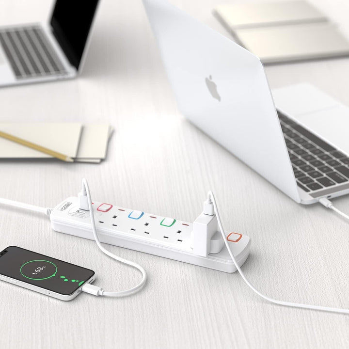 2M Surge Protected Extension Lead Switched Plug 4 Gang Way Mains & 2 USB Ports
