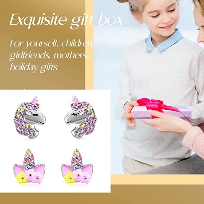 Girls Stud Earrings Set Jewellery Unicorn Boxed Womens Gift Rhinestone Kids Pair